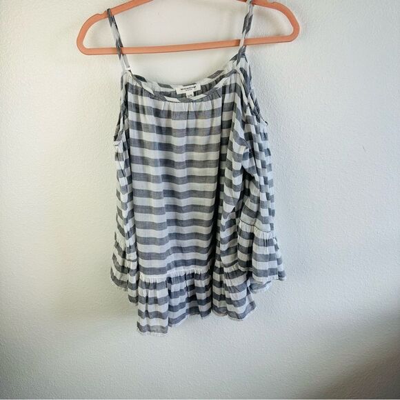 Beach Lunch Lounge Gray Striped Cold Shoulder Boho Blouse Size L - Picture 1 of 3